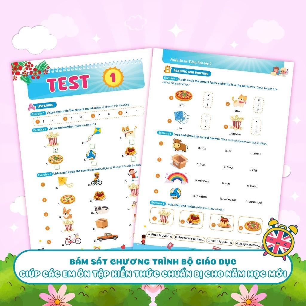 Sách - Phiếu Ôn Hè Toán + Tiếng Việt + Tiếng Anh Lớp 2 - Combo 3 Cuốn - Megabook