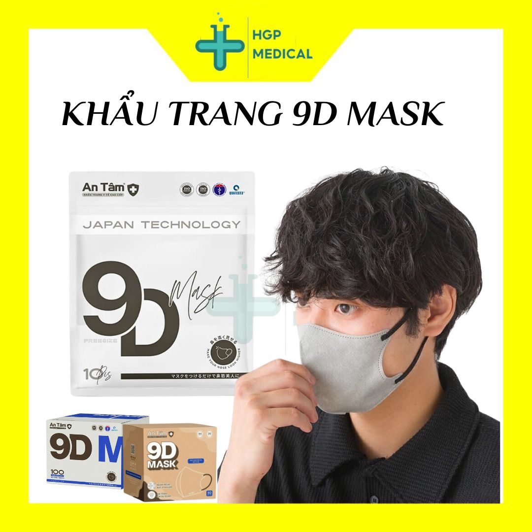 Khẩu trang 9D mask An Tâm, Vải xịn , thiết kế trông mặt thanh thoát, mũi cao , túi 10 cái