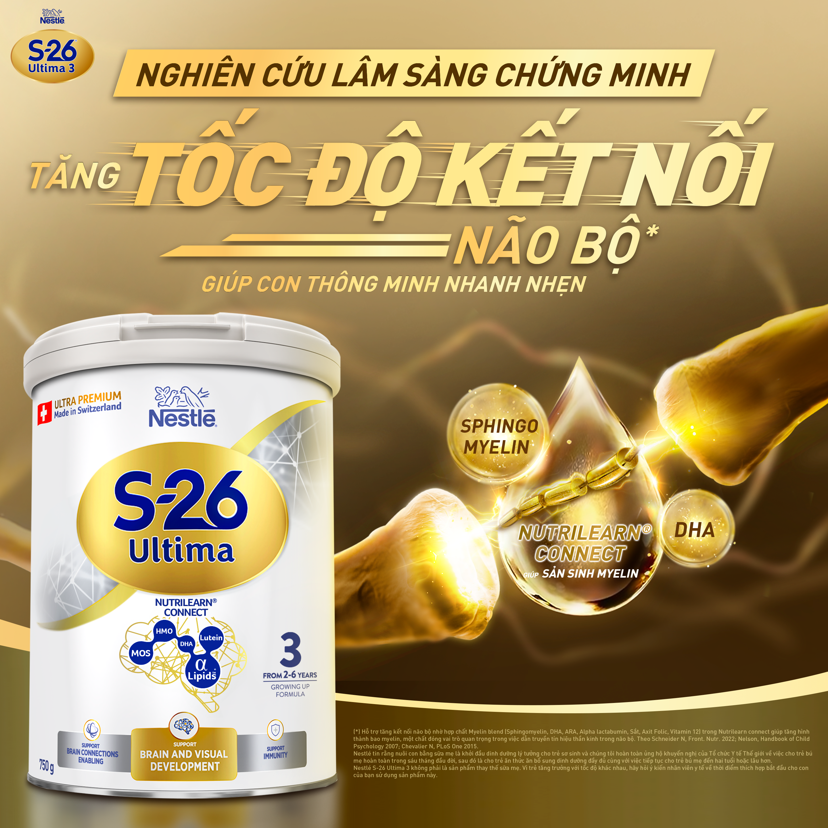 Sữa Bột Nestlé S-26 ULTIMA 3 (S26) 750G từ Thụy Sỹ độc quyền tăng tốc độ kết nối não bộ 2,5 lần với NUTRILEARN CONNECT  - Tặng Đèn học để bàn