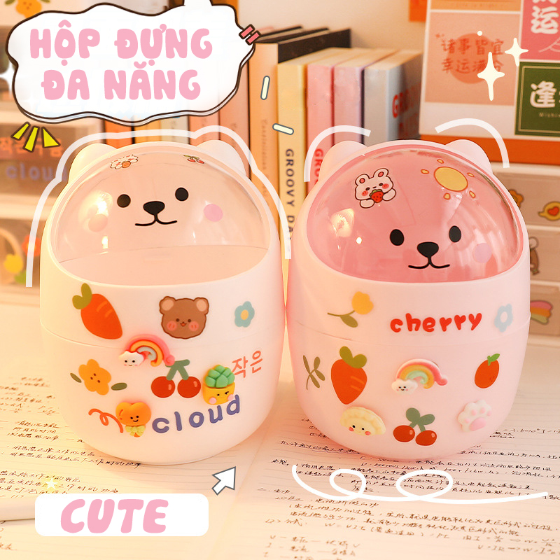 Hộp Đựng Bút Xinh Xắn Nắp Hình Gấu Cute, Thùng Rác Mini Trang Trí Decor, Tặng bộ sticker đi kèm