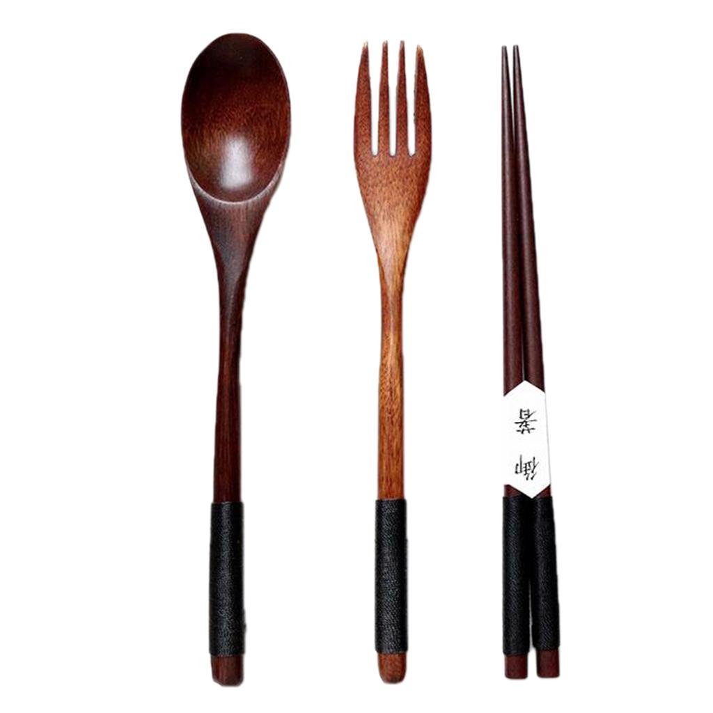 Wooden Spoon Fork Chopsticks Set, Lunch Tableware, Japanese Style