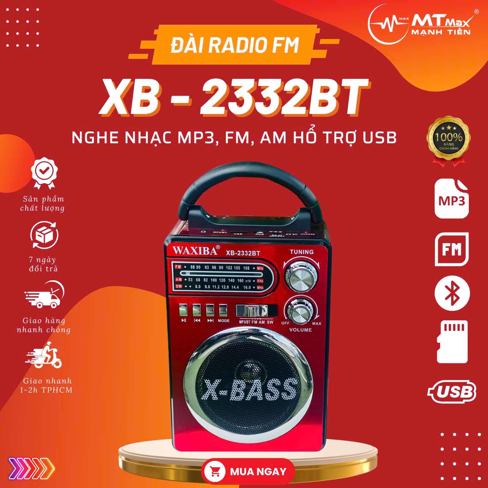 [ PHIÊN BẢN GIỚI HẠN ƯU ĐÃI CỰC LỚN ] Đài Radio XB 2332 BT Mini Đa Chức Năng – Hỗ Trợ Sóng FM/AM, Thẻ Nhớ, Bluetooth Nghe nhạc nghe đài mọi nơi hàng chính hãng