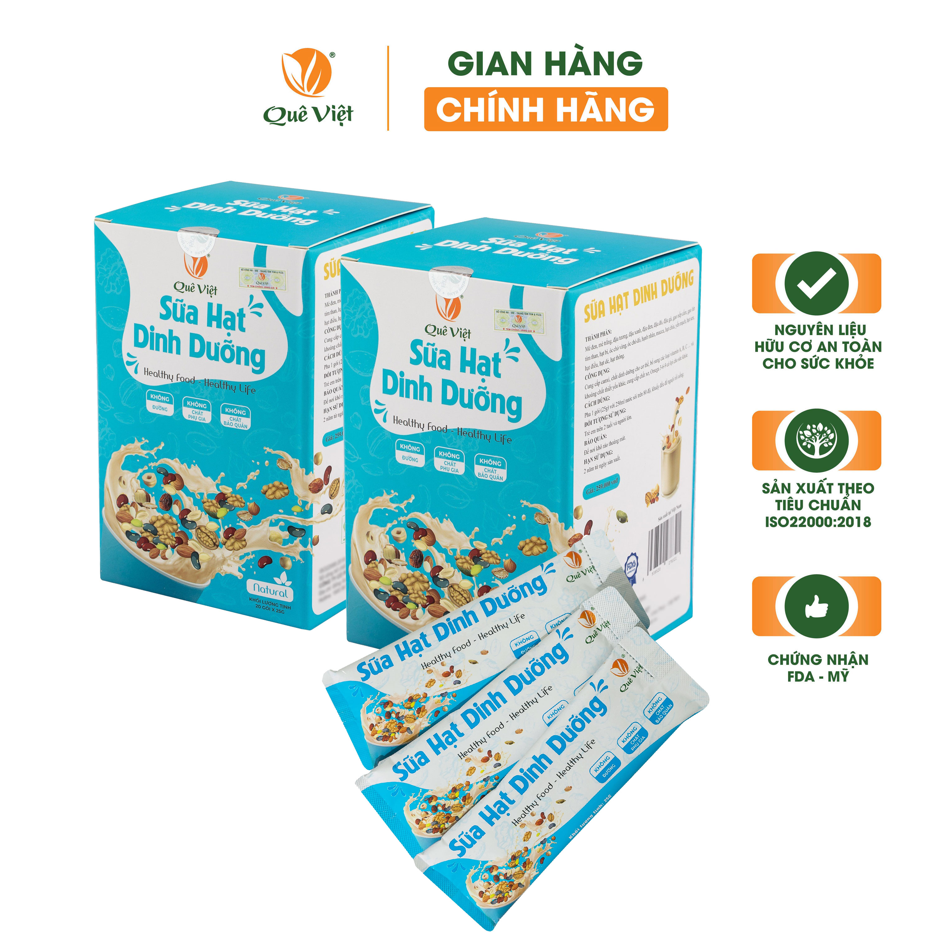 Combo 2 hộp sữa hạt dinh dưỡng Quê Việt (không đậu nành) + tặng 1 cốc gốm sứ Bát Tràng- Hộp 500g (20 túi x 25G)