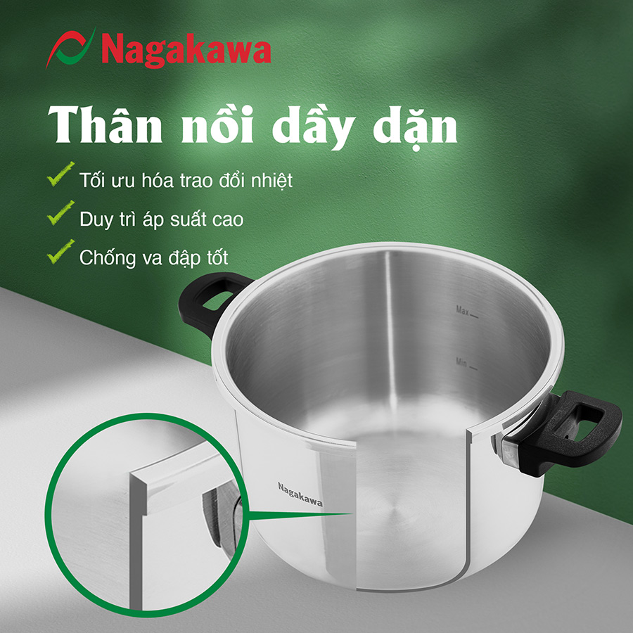 Nồi Áp Suất Đáy Từ Đa Lớp Nagakawa NAG1473  - Lòng Nồi Inox 304, Van Kép 3 Cấp An Toàn