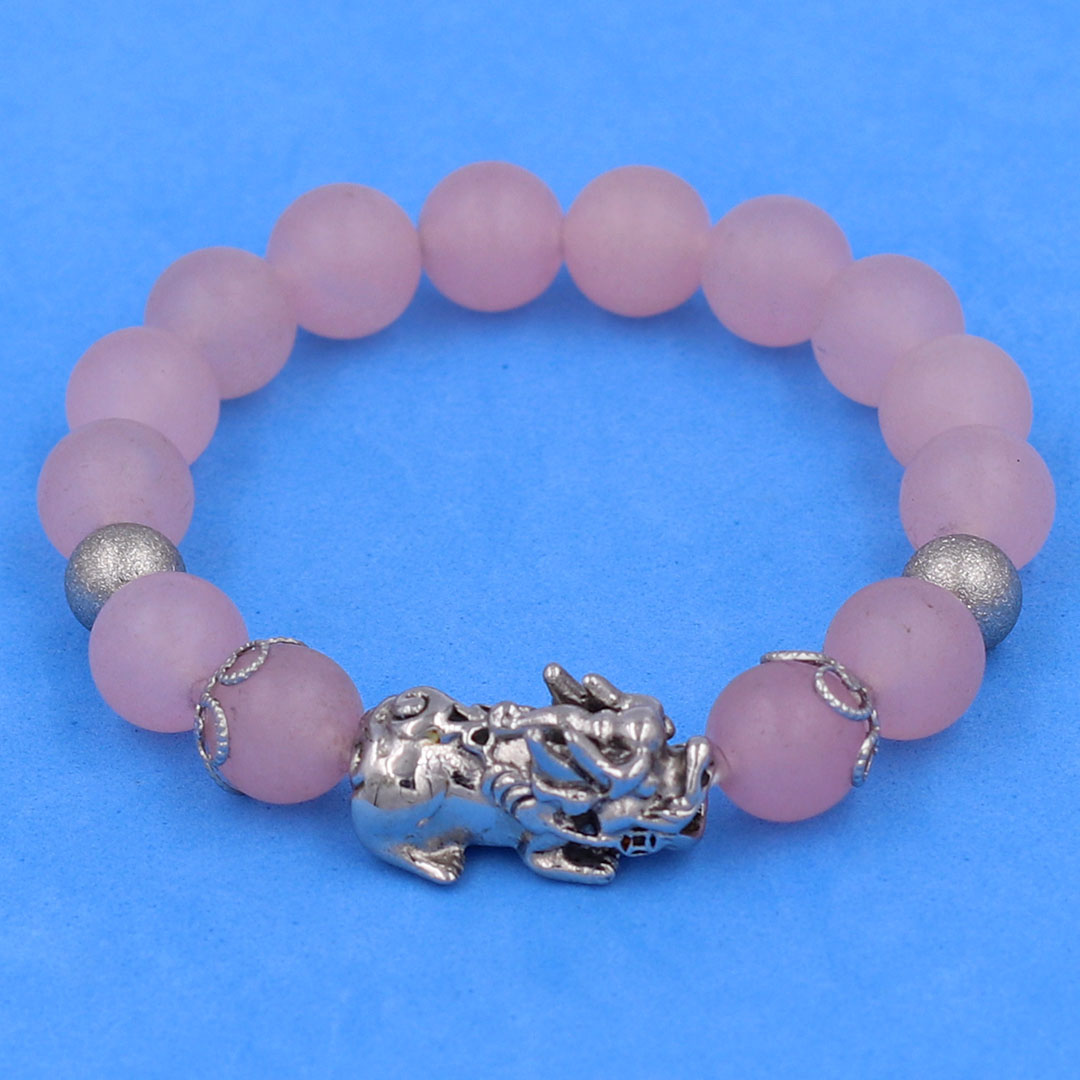 Vòng chuỗi đeo tay đá thạch anh hồng phấn mờ 10 ly charm tỳ hưu inox, bi inox, khía bông inox, vòng tay phong thuỷ, vòng tay tỳ hưu