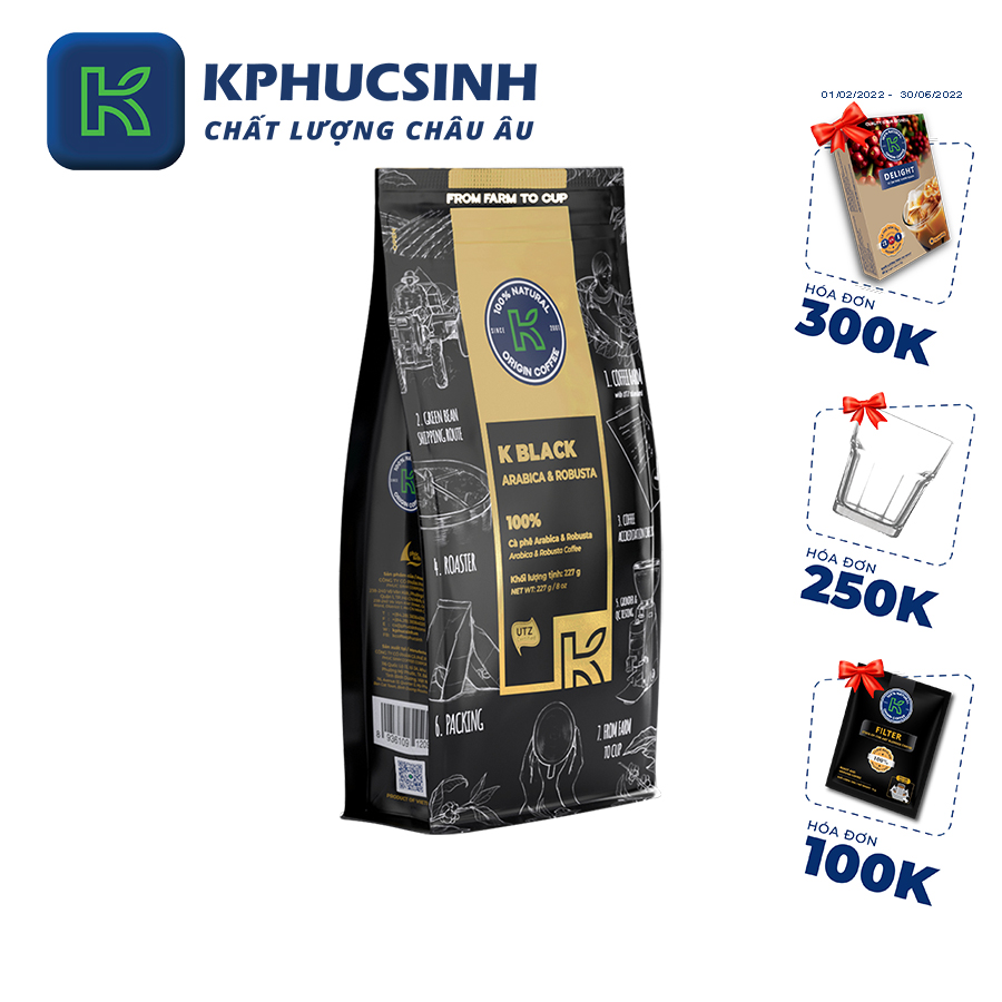 Cà phê rang xay 100% nguyên chất Robusta Arabica xuất khẩu K-Black thương hiệu K Coffee (227g/gói)