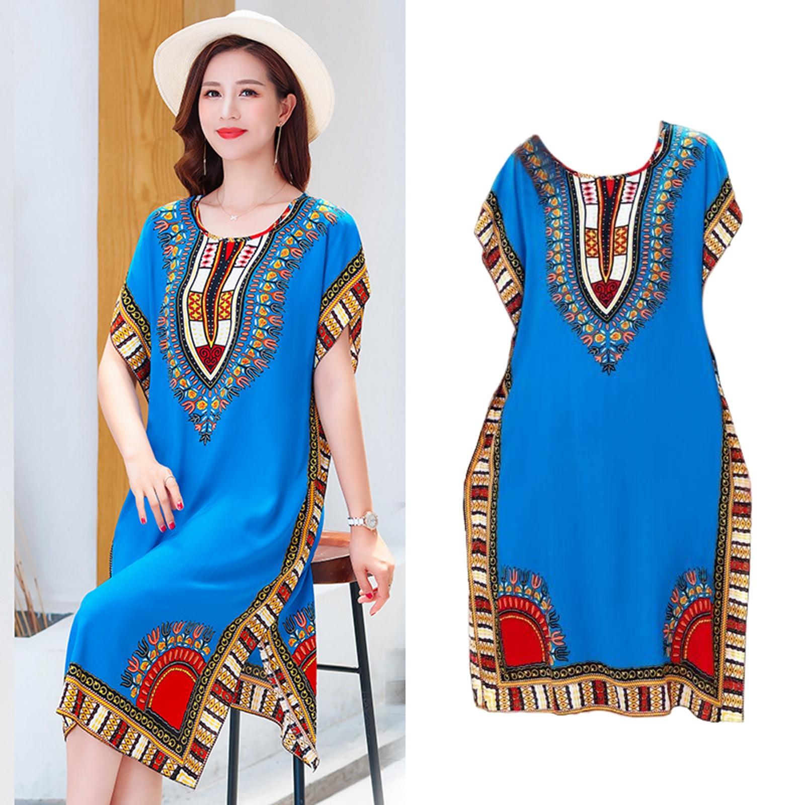 Women's Fashion Beach Holiday Dress Boho Elegant Ethnic Dress Loose Tunic Blue