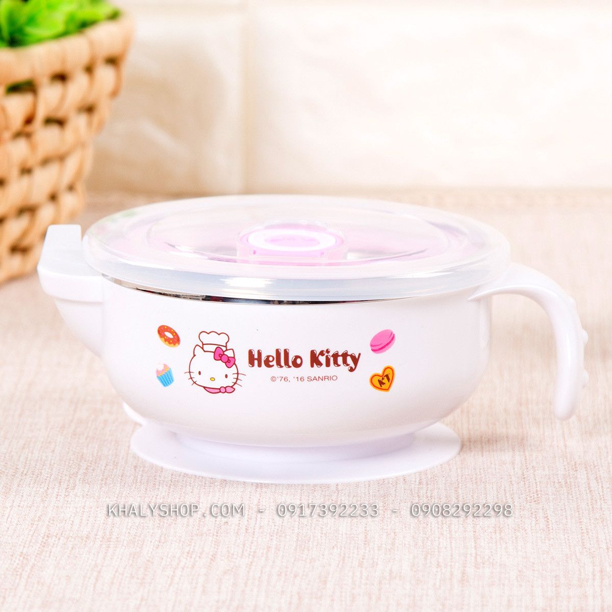 Tô ,chén giữ nhiệt inox có quai cầm tay hình mèo Hello Kitty màu trắng cho bé gái (17cm x 8cm) - CMKT002