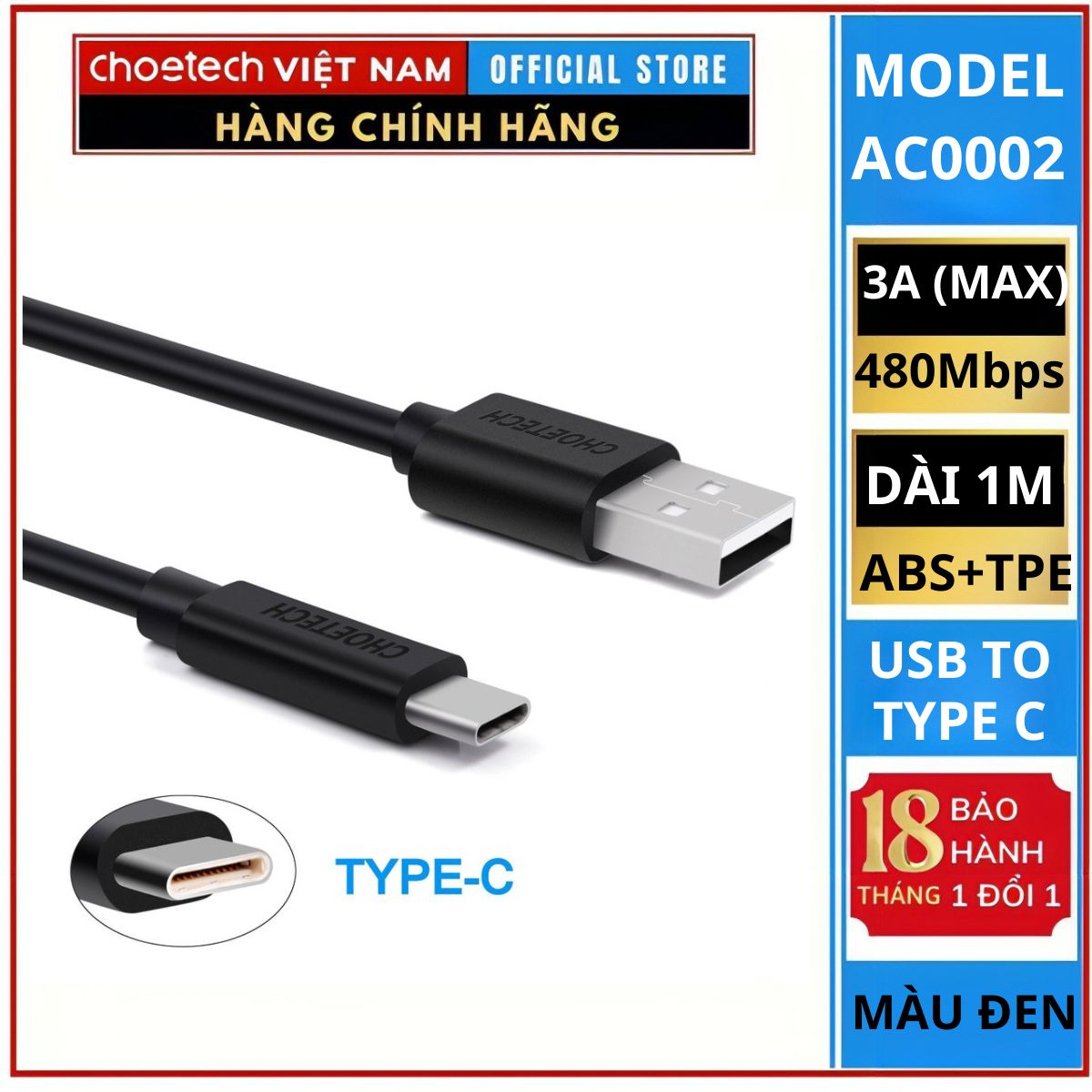 Cáp sạc Choetech AC000  nhanh và truyền dữ liệu USB to Type C 3A Series ( Hàng chính hãng)
