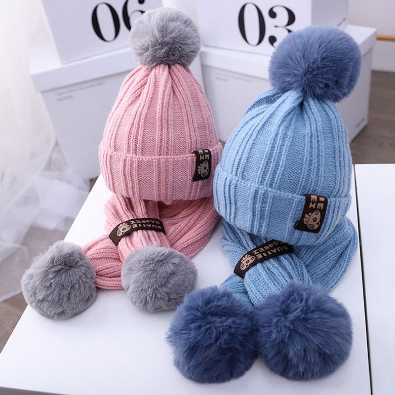 Trẻ Em Mũ Lông Thú Khăn Bé Gái Bé Trai Dày Cáp Đan Beanies Mũ 2 Bộ 2020 1-4T trẻ Em Giữ Ấm Mùa Đông Pom Pom Bộ Đội Khăn Chắc Chắn