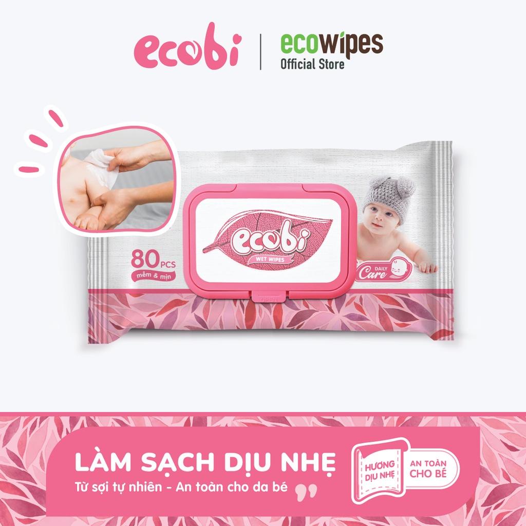 Combo 03 gói khăn giấy ướt cho bé Ecobi gói 80 tờ Hương Dịu Nhẹ không cồn không paraben an toàn cho da của trẻ