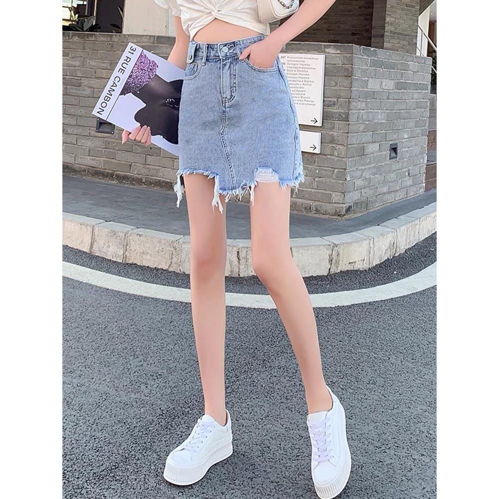 Quần váy jean BigSize lưng cao phom A nhẹ có túi nắp nhỏ, co dãn mạnh màu xanh nhạt Rách kiểu 3873