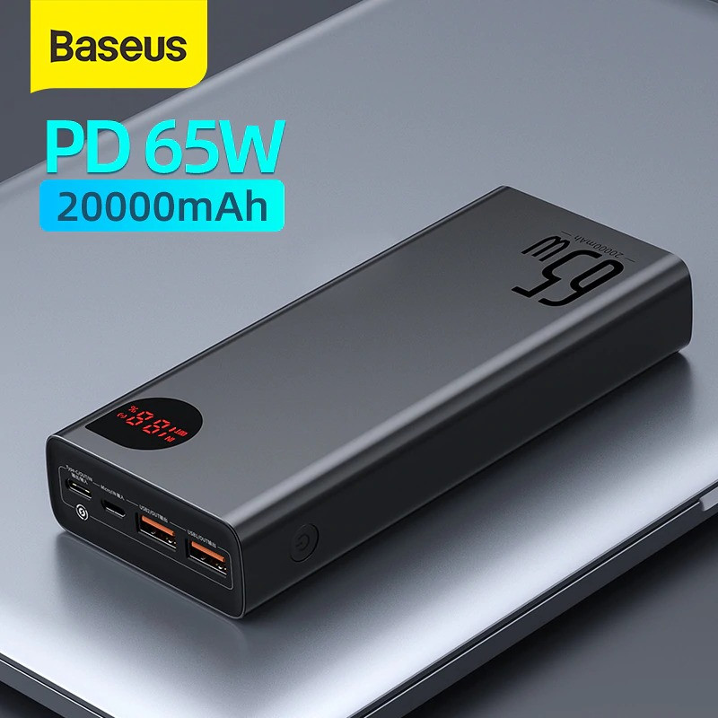 (Tặng cáp dữ liệu vòng tua USB-Lightning) Pin sạc dự phòng Baseus công suất 65W, dung lượng 20000mAh màn hình LED hiển thị, thiết kế vỏ kim loại sang trọng - phân phối chính hãng tại Baseus Việt Nam - Màu Đen