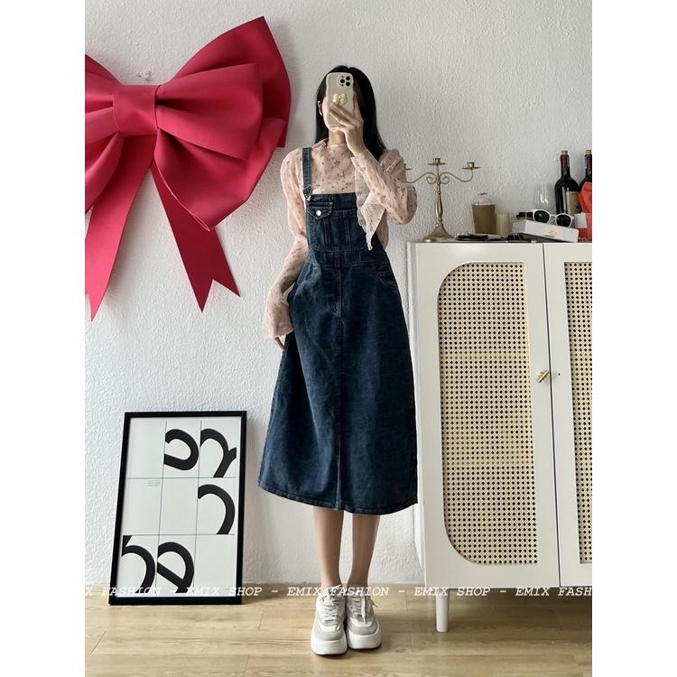 Yếm jeans dáng dài EMIX, váy yếm freesize dưới 55kg, chất bò, có túi, phong cách hàn quốc