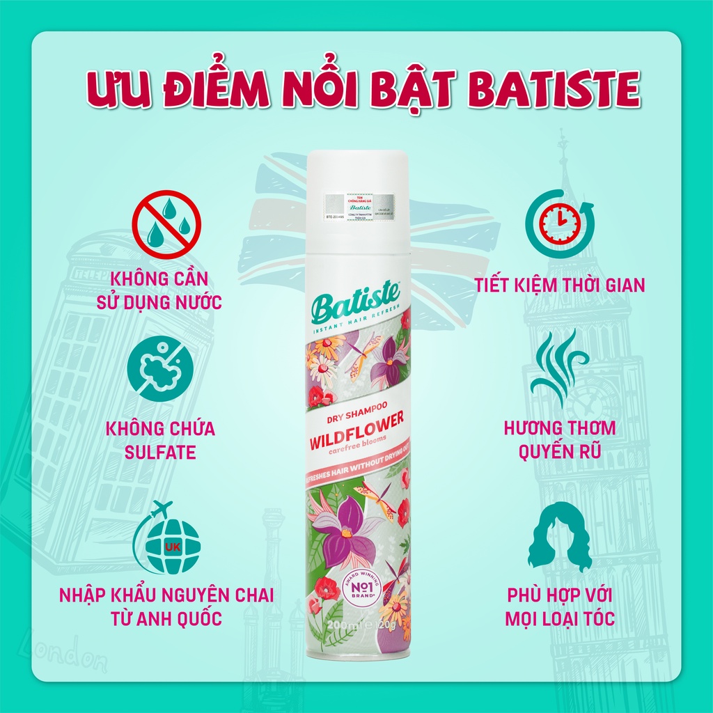 Dầu Gội Khô Batiste Hương Hoa Cỏ Nữ Tính, Tươi Mát - Batiste Dry Shampoo Fresh &amp; Feminine Wildflower 200ml