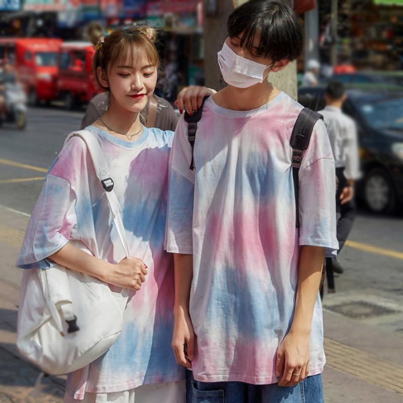 Women's Casual Round Neck Tie Dye Print Short Sleeve Loose Pullover Simple T-Shirt