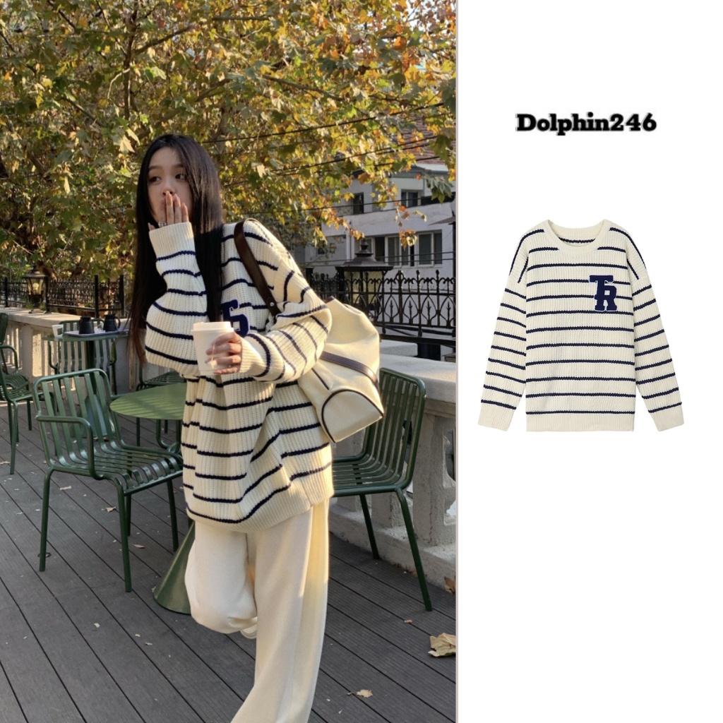 Áo sweater len dệt kim nữ tay dài form dáng rộng họa tiết kẻ sọc ngang oversize thời trang Hàn Quốc chất đẹp D-14