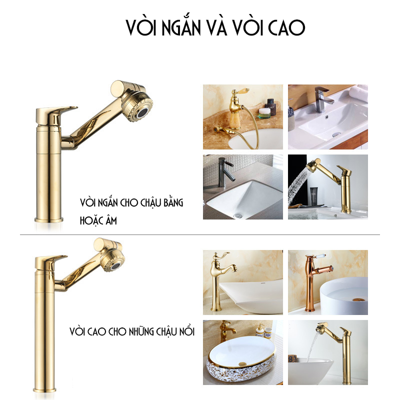 Vòi rửa mặt Lavabo cổ xoay 720 độ đa chiều, củ đồng, thân ngắn mạ vàng, điều chỉnh nhiều chế độ tia nước Minh House