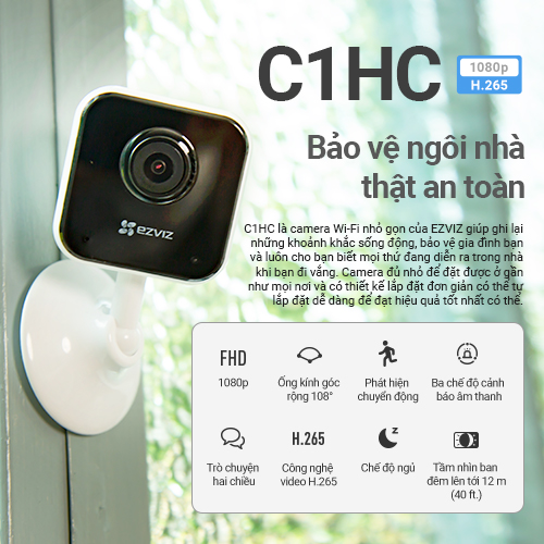 Camera Wi-fi EZVIZ C1HC Trong Nhà, FHD 1080P, Góc Rộng Cố Định, Đàm Thoại Hai Chiều, Nén Video H265 - Hàng Chính Hãng