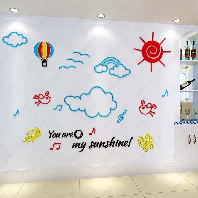 Tranh dán tường mica 3d decor khổ lớn bầu trời trong xanh và mây trắng trang trí mầm non, mẫu giáo, phòng cho bé