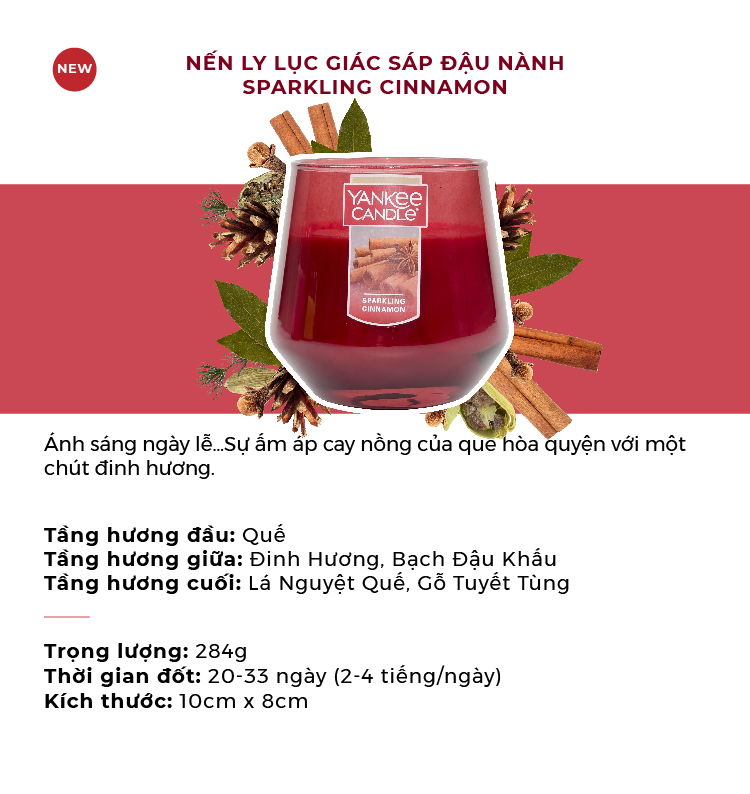 Nến Ly Lục Giác Sáp Đậu Nành 284gram từ Yankee Candle - Sparkling Cinnamon