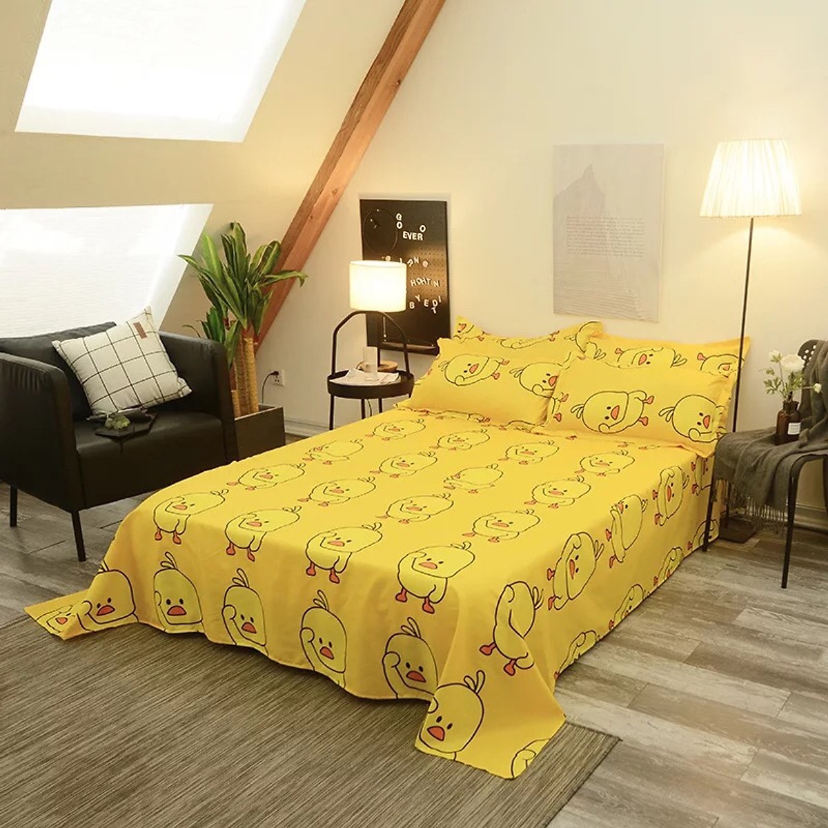 Bộ chăn ga gối cotton PL1 - Vịt Vàng - Tặng kèm 1 móc khóa Houston