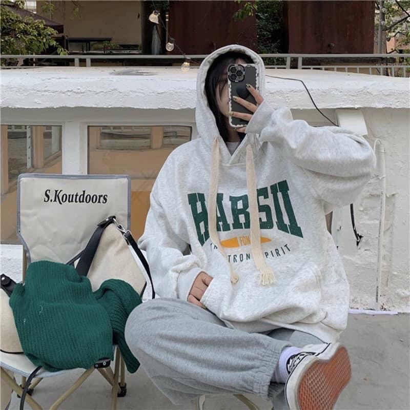 Áo hoodie chữ ngực HARSII from rộng tay bồng , áo hoodie unisex form rộng