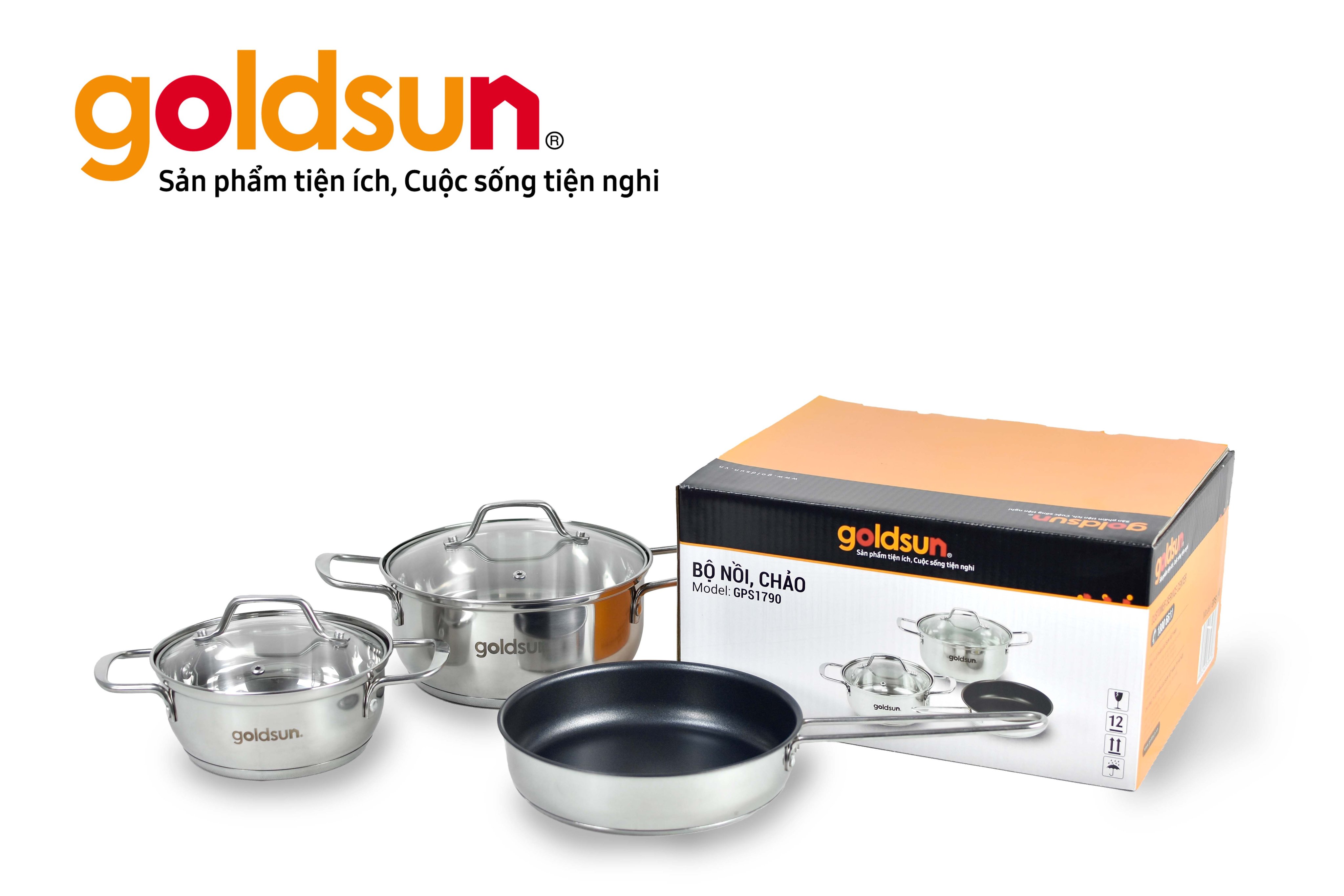 Bộ Nồi Chảo Inox 3 Đáy Goldsun GPS1790 Gồm 2 Nồi 1 Chảo Vung Kính Cường Lực Dùng Cho Mọi Loại Bếp - Hàng chính hãng Goldsun