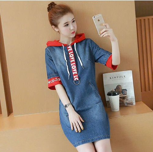 Đầm Jean Nữ Đính Dây Nón Trùm Trẻ Trung