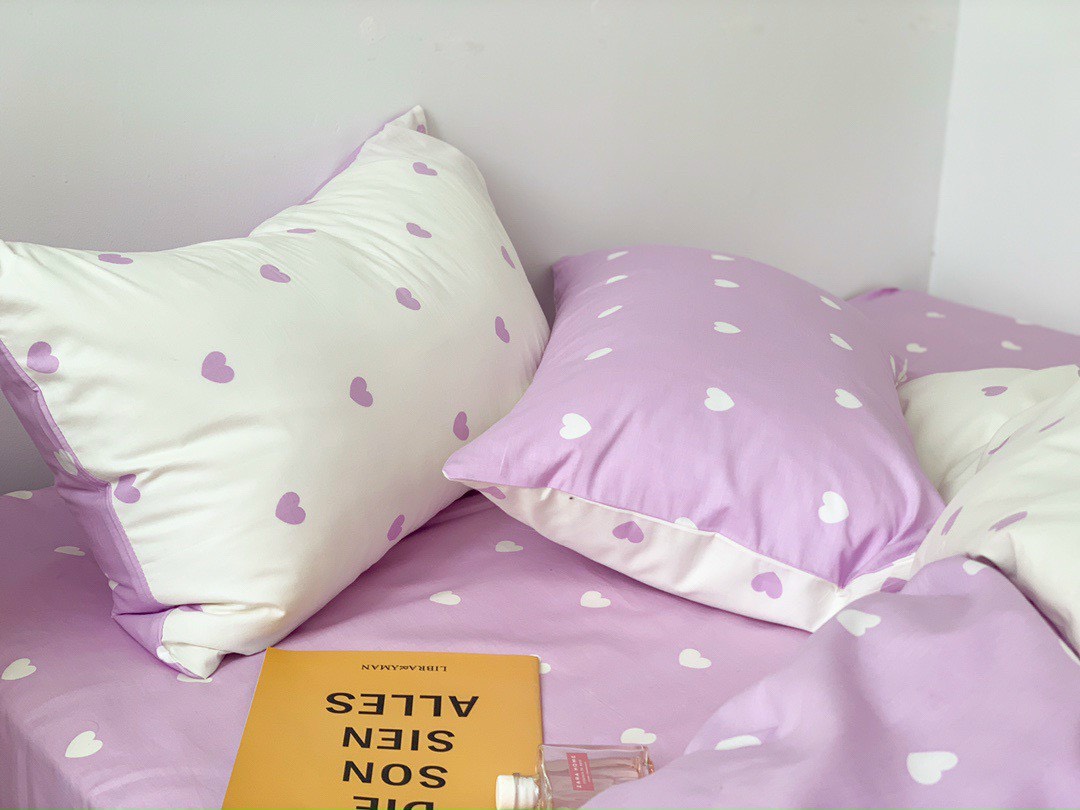 Bộ chăn ga gối 2 mặt cotton LIDACO PL1 - Tim tím trắng SP001451