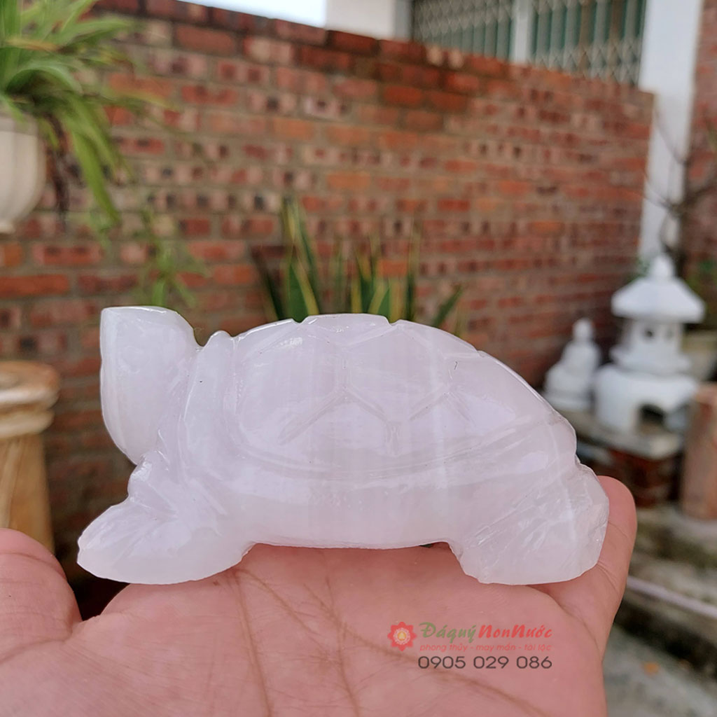 Tượng rùa phong thủy đá thạch anh hồng 9cm - đá Non Nước