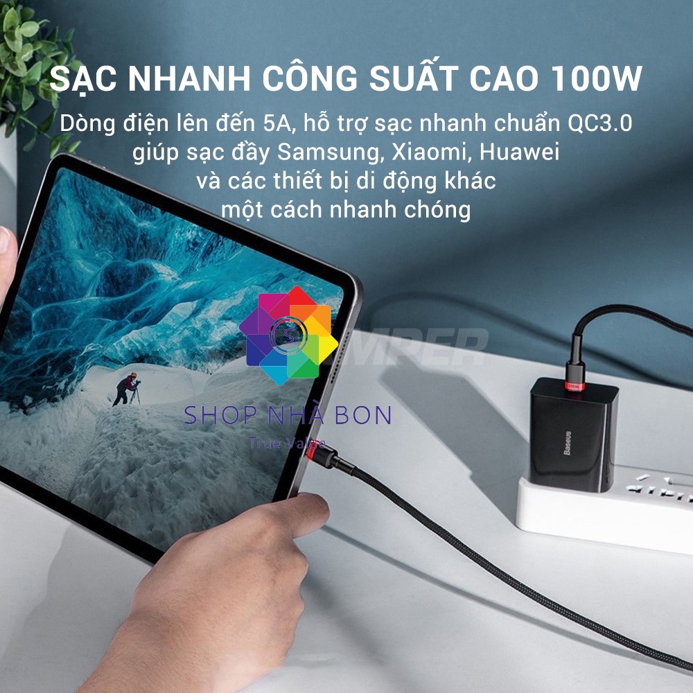 Dây cáp sạc nhanh 100W chuẩn PD 2.0 Type C to type-c QC 3.0 hiệu Baseus Cafule type c to Type C cho iPad Pro 2018 / 2020 / Samsung / Huawei / Xiaomi / Tablet / Macbook / Laptop Type C - Hàng nhập khẩu