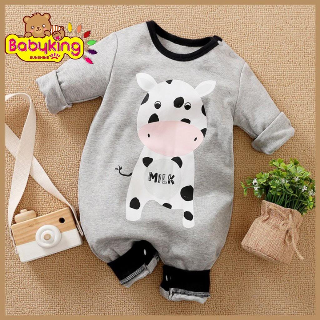 BodySuit,áo liền quần dễ thương dài tay kiểu bò xám cho bé (2411), cotton 100%, thương hiệu Aiueo Nhật Bản