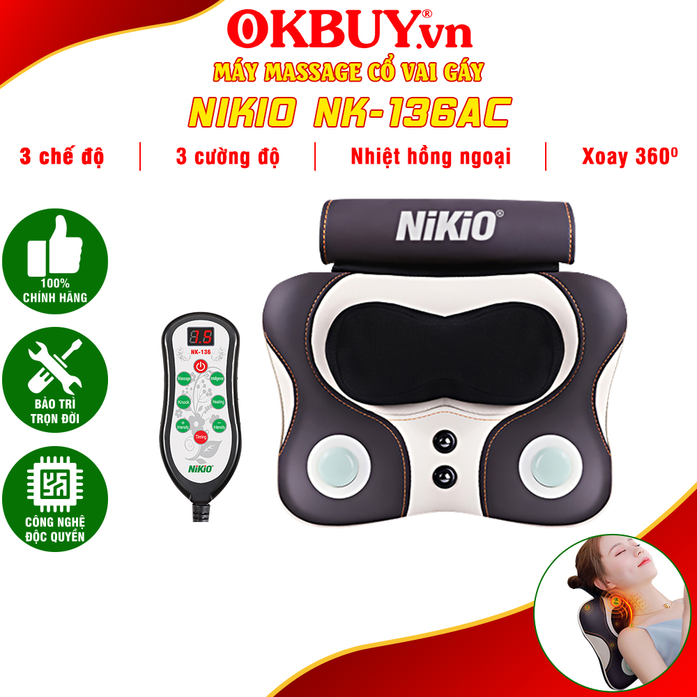 Máy Gối Massage Đấm Bóp Cổ Vai Gáy Nikio Nk - 136Ac - Con Lăn 3D Xoa Bóp Chuyên Sâu Kết Hợp Hồng Ngoại Trị Liệu Đau Mỏi Cổ, Hỗ Trợ Mát Xa Lưng - Nk - 136Ac