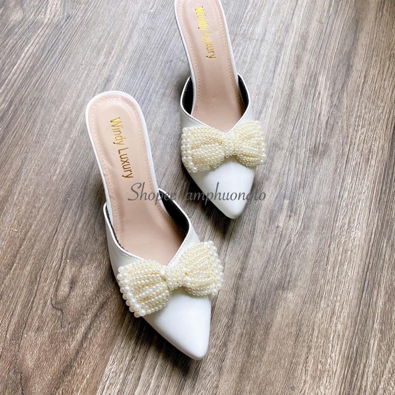 Giày cao gót bít mũi nơ hạt kết ngọc siêu đẹp