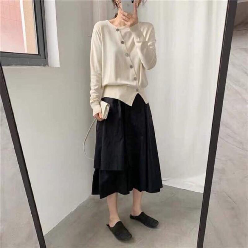 Chân Váy Midi Ulzzang Nữ, Chân Váy Xếp Ly 2 Màu Đen Trắng