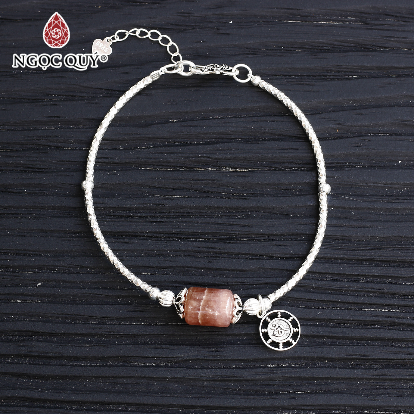 Vòng tay bạc lu thống đá đào hoa rhodochrosite mệnh hỏa , thổ - Ngọc Quý