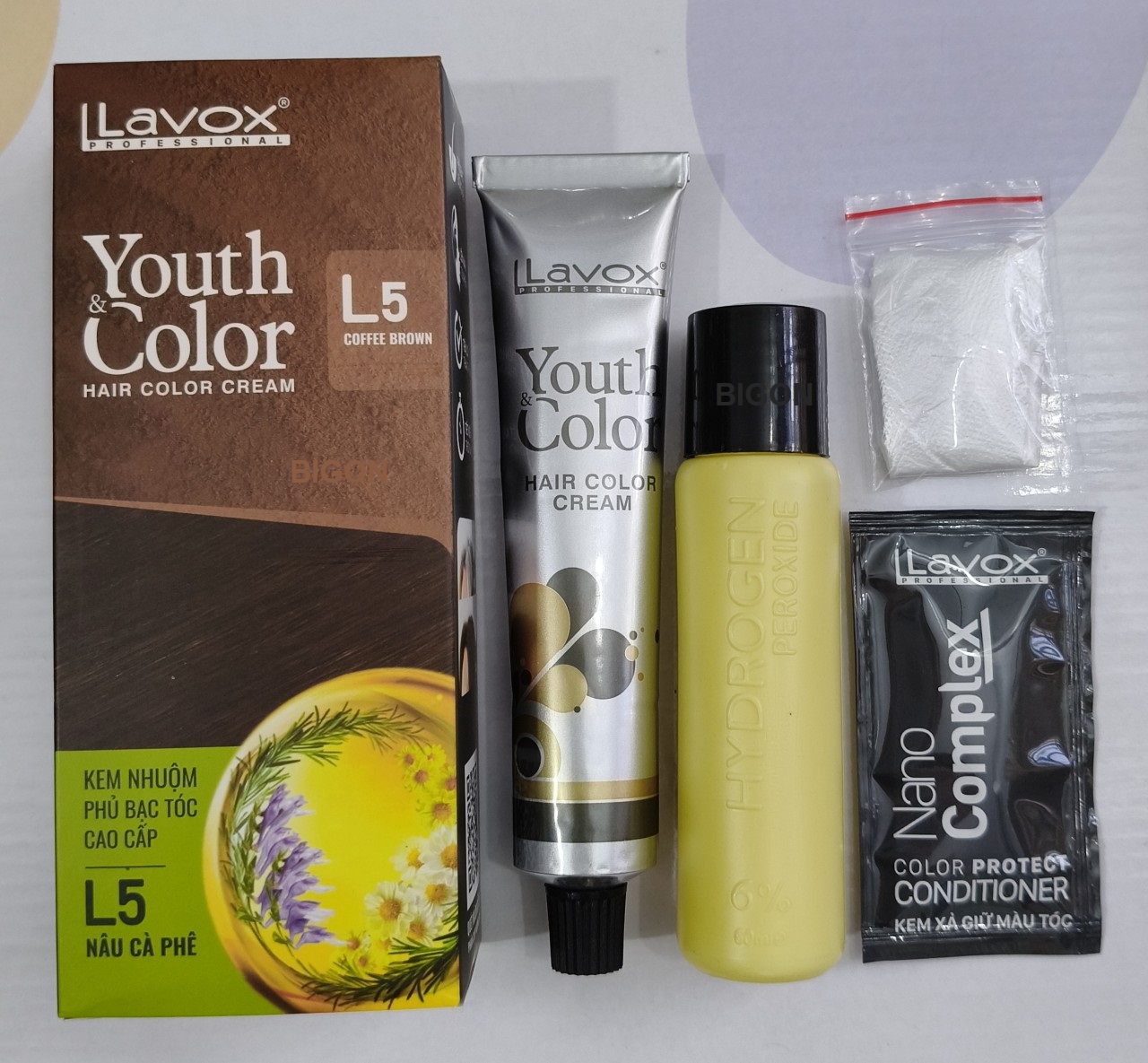 Nâu Cà Phê(Nâu Sáng L5) - Kem Nhuộm Dưỡng Tóc Phủ Bạc Lavox Youth&amp;Color L5 - Màu Nâu Cà Phê (Mẫu Cũ Nâu Sáng)