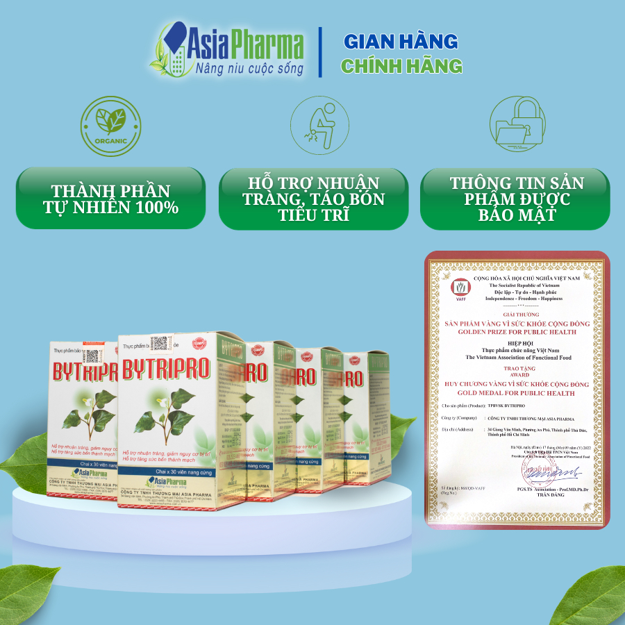 [COMBO 12 HỘP] Viên uống tiêu trĩ, giảm táo bón nhuận tràng Bytripro Asia Pharma hỗ trợ cho người bị trĩ - Hộp 30 viên