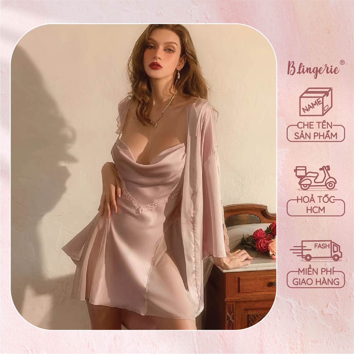 Váy Ngủ Lụa Phối Ren Trơn (Không kèm áo choàng) - B.Lingerie