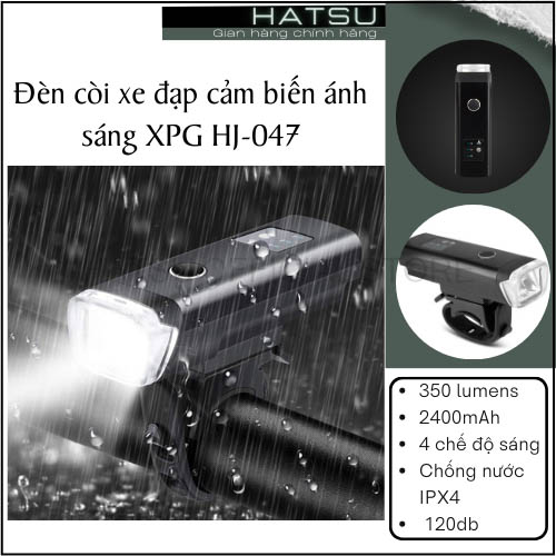 Đèn còi xe đạp siêu sáng HATSU XPG HJ-047B - đèn cảm biến ánh sáng tự động - đèn Led xe đạp thể thao Pin 2400mAh - Sạc USB - Phiên bản có Còi, âm thành 120db