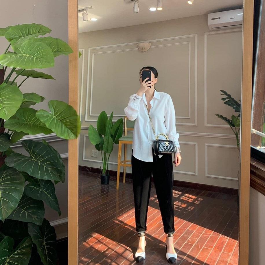 Áo sơ mi trắng chữ, cổ đức, dài tay cho bạn gái