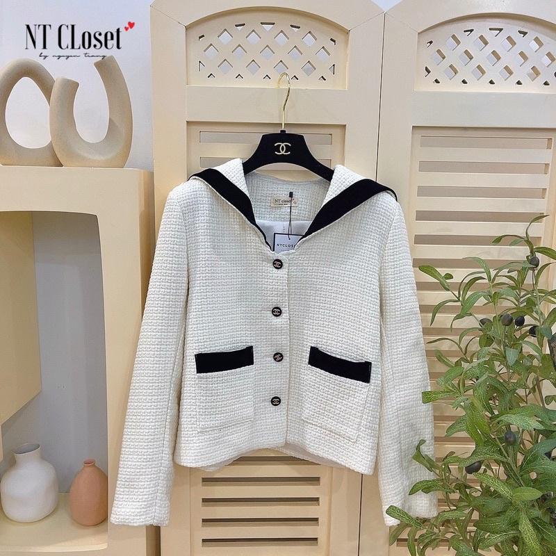Áo khoác dạ tweed trắng viền đen cổ thuỷ thủ chuẩn nt closet