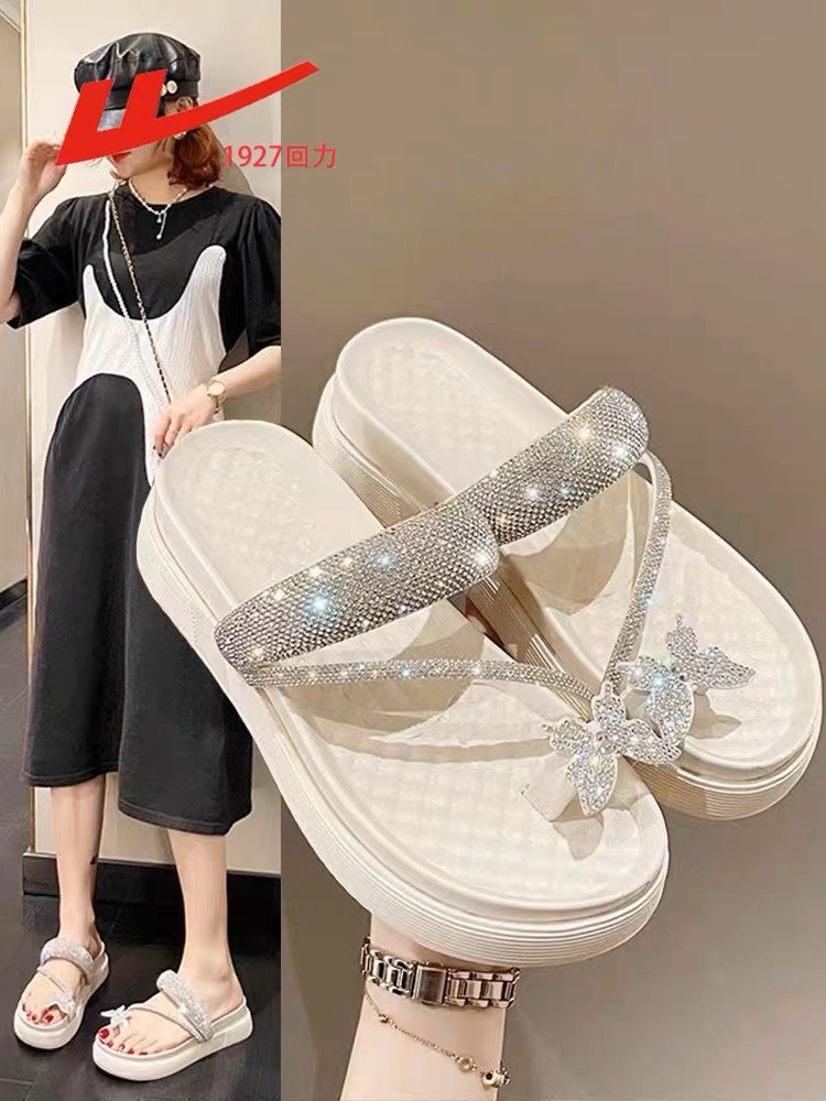 Sandal nữ xỏ ngón dây đính đá gắn nơ Bướm cao 5cm D128