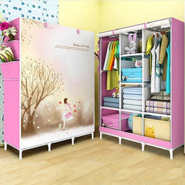 Tủ vải lắp ghép họa tiết 3D đựng quần áo gấp gọn, có 2 khoang treo đồ, thiết kế rộng rãi, phù hợp cho gia đình, người nhiều quần áo - Tủ vải khung thép 3 buồng 8 ngăn đựng