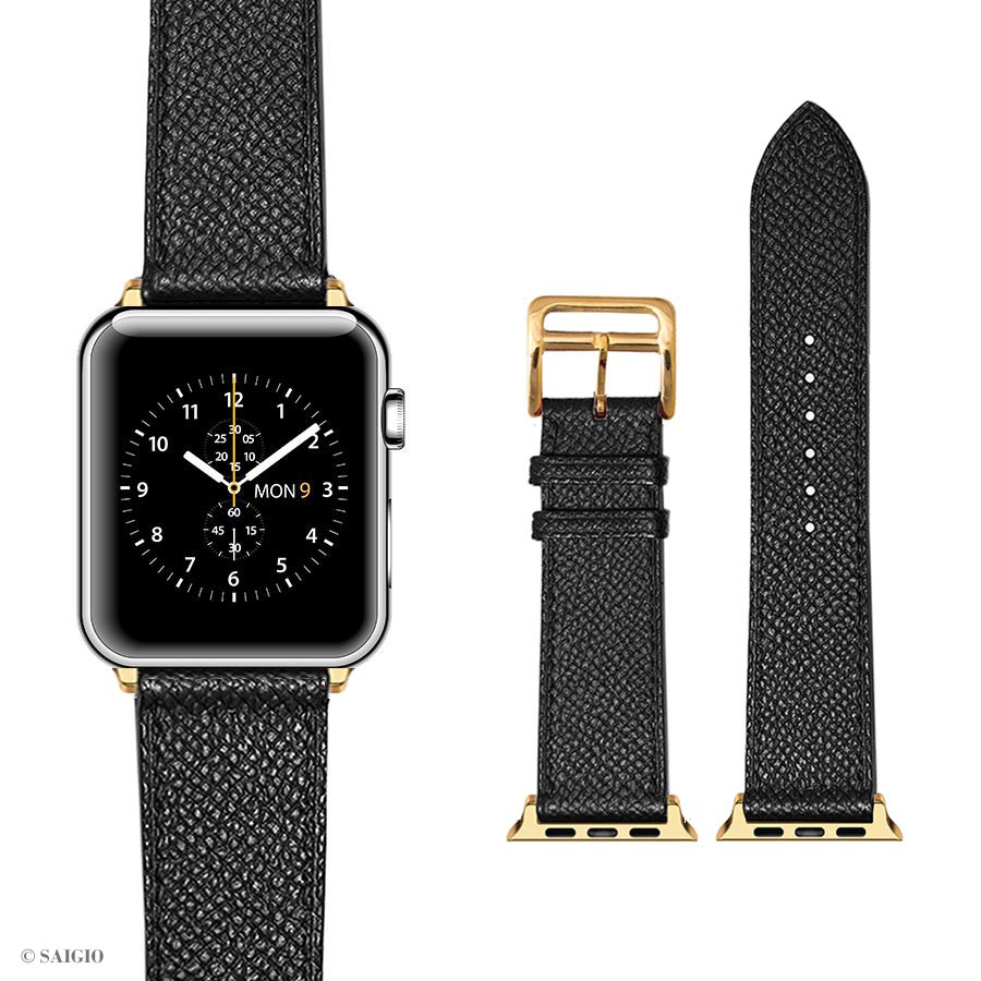 Dây Đồng Hồ Apple Watch 41mm 40mm 38mm, Chất Liệu Da Bê EPSOM Thảo Mộc Cao Cấp, Nhập Khẩu Từ Châu Âu, Dây Đeo Phong Cách Hiện Đại và Sang Trọng, Tương Thích Các Phiên Bản Series 8/7/6/5/4/3/2/1/SE/SE2 - Đen - ADAPTER BẠC