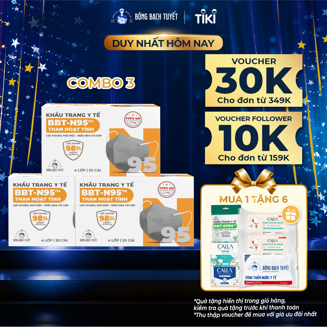 Combo 3 Hộp Khẩu Trang Bông Bạch Tuyết N95 Than Hoạt Tính