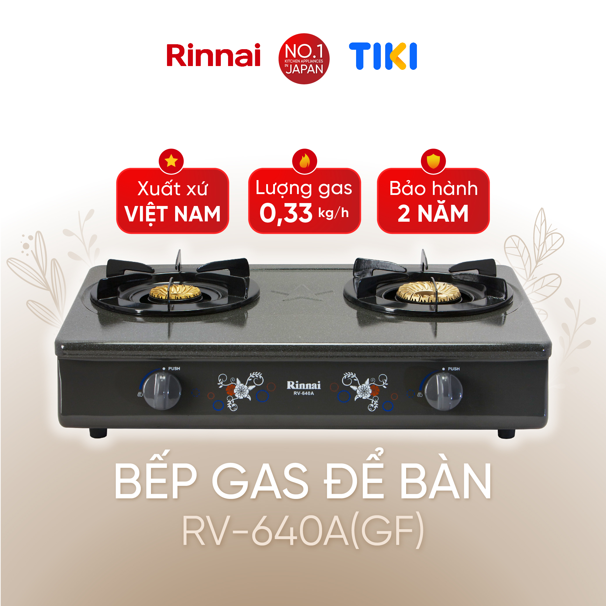 Bếp gas dương Rinnai RV-740A(GF) mặt bếp men và kiềng bếp men - Hàng chính hãng