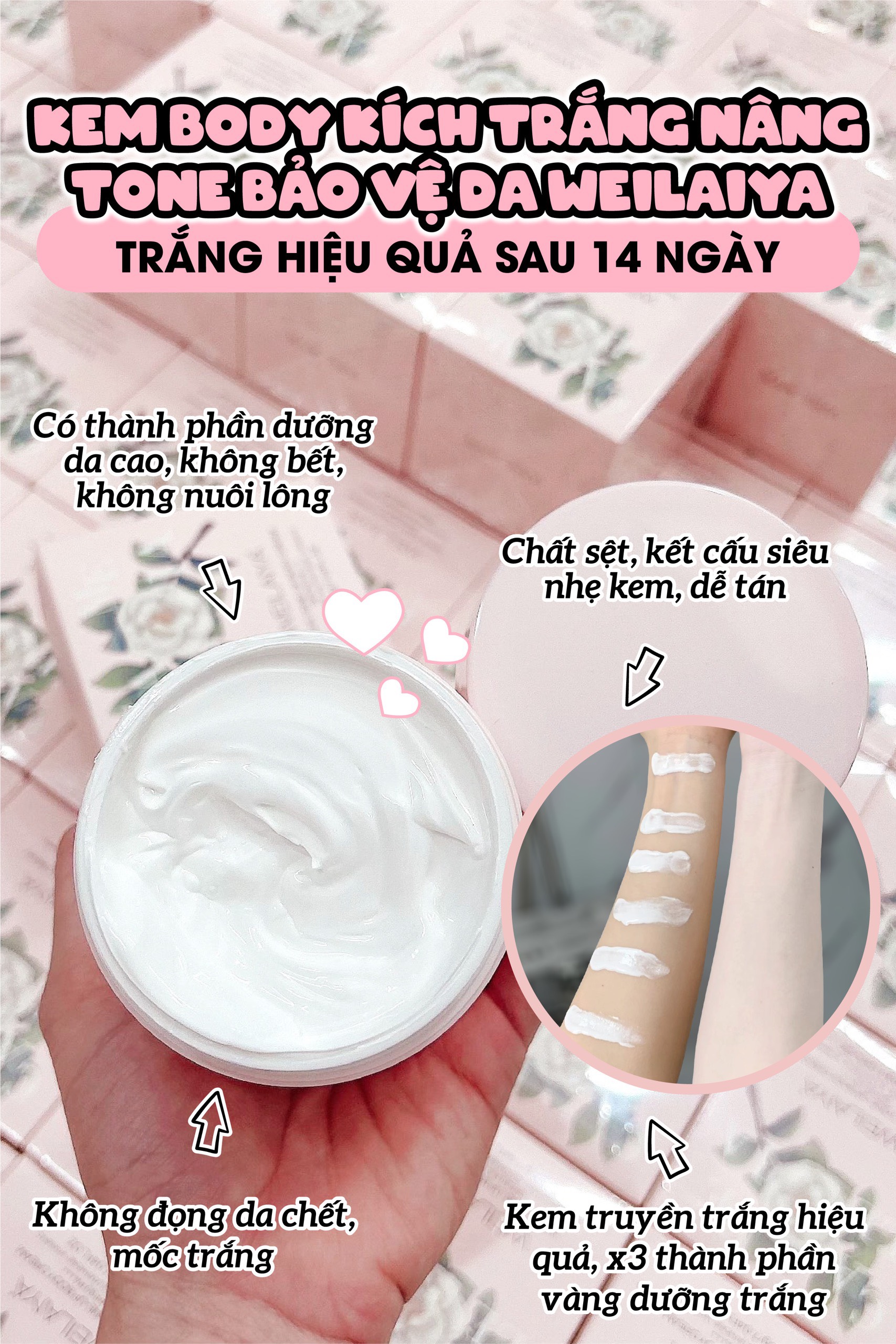 Kem body trắng da WEILAIYA dưỡng trắng da toàn thân, làm tươi da, nâng tông, chống nắng chỉ số SPF30, PA+++