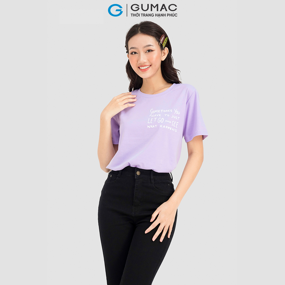 Áo thun cổ tròn in chữ GUMAC ATC08010 vải tici màu tím trắng